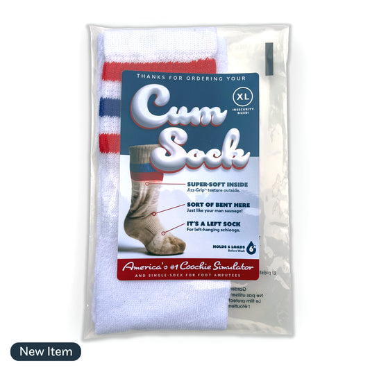 "Thanks for Ordering Your Cum Sock" anonymous prank mail gift. See-through package with a single XL tube sock inside. Featuring hilarious text such as "Jizz-Grip texture", "It's a left sock for left hanging schlongs", "Holds 6 loads", and "America's #1 coochie simulator".