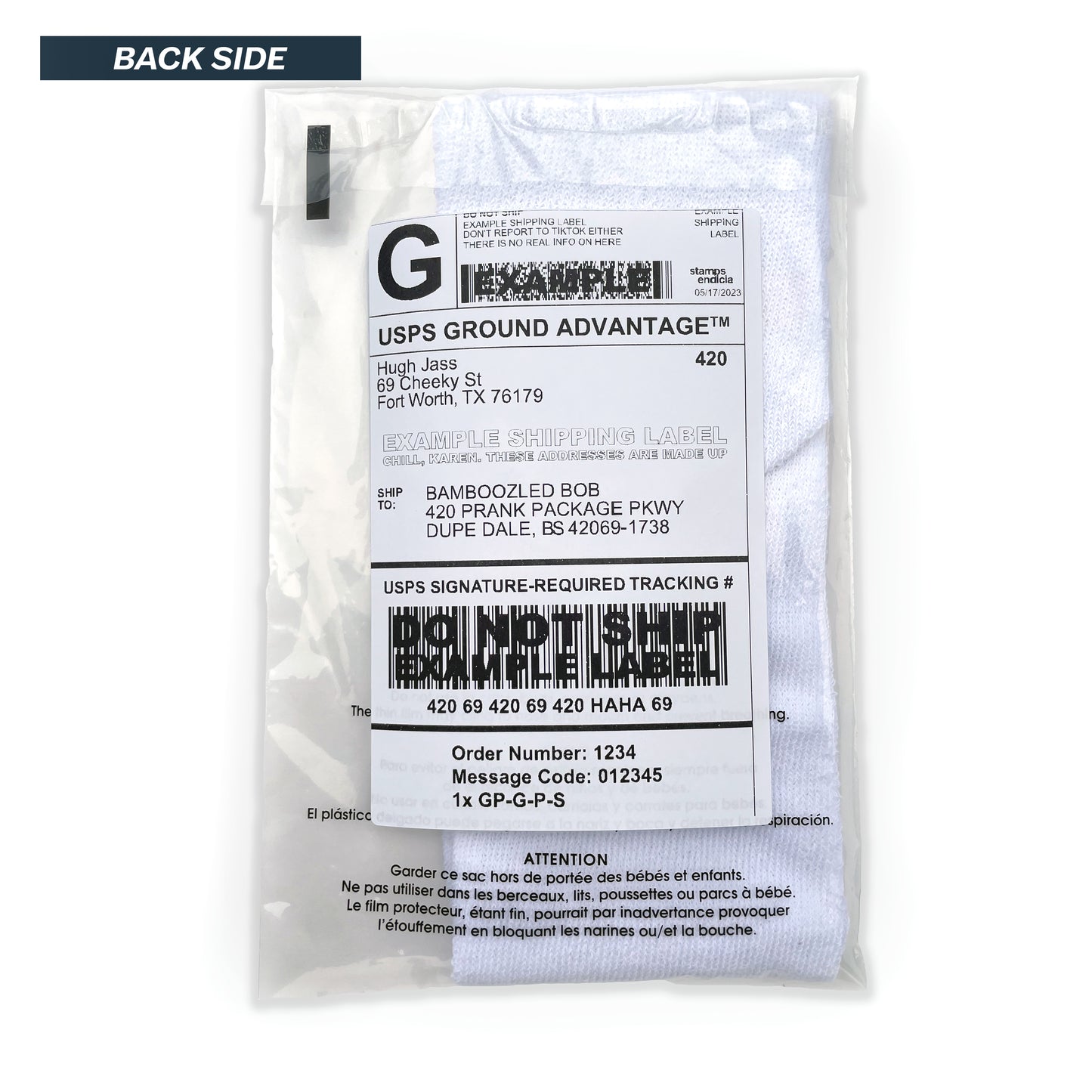 Back side of the "Cum Sock" prank package. A see-through package with a large tube sock inside. The shipping label is on the backside with the recipient's address on it.