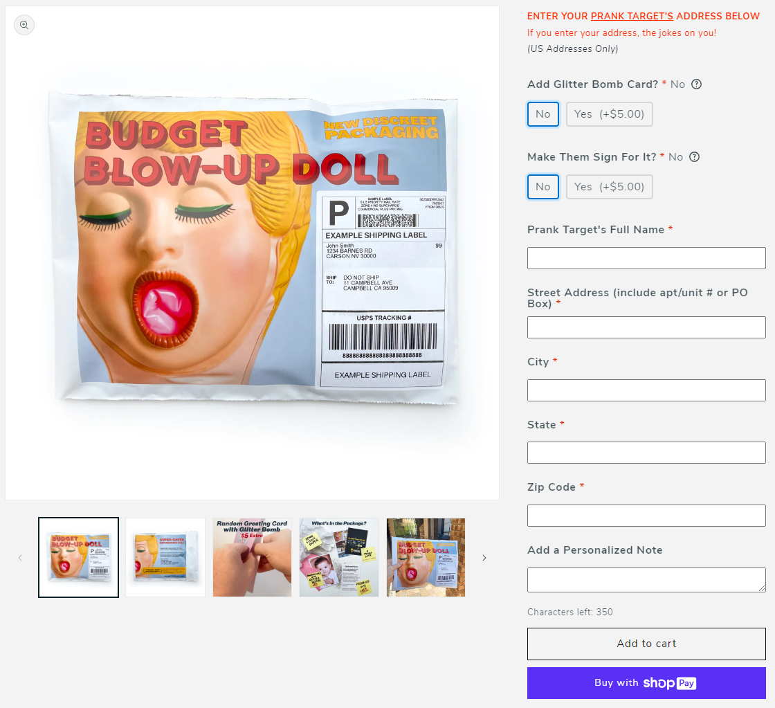 Screenshot of the product web page for a prank mailer from PrankPackage.com Input your prank target's shipping address on the lower-right of the product page (not at checkout).
