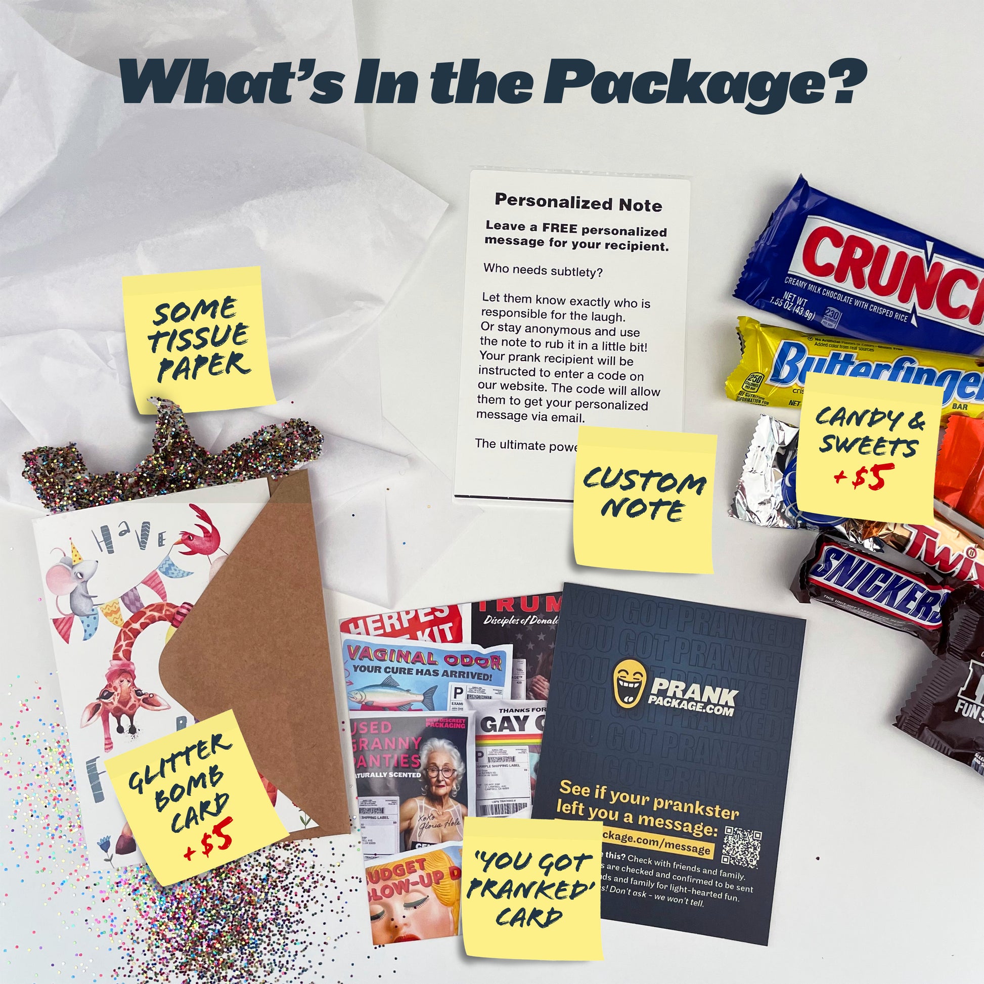 Items included in the Trump Prank Package shown on a white background: tissue paper, an optional glitter bomb greeting card, a personalized note, optional candy, and a 'You Got Pranked!' card.