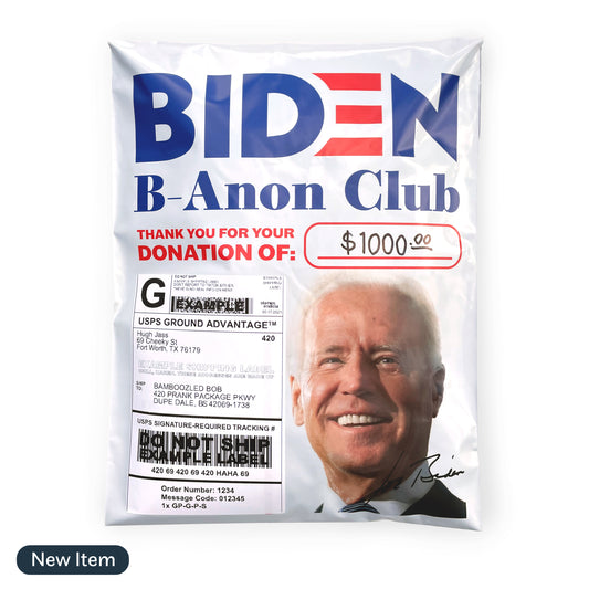 Joe Biden donation confirmation anonymous prank mail gift. Front side features a picture of Joe Biden, a hand-written donation confirmation of $1000 to the B-Anon club.