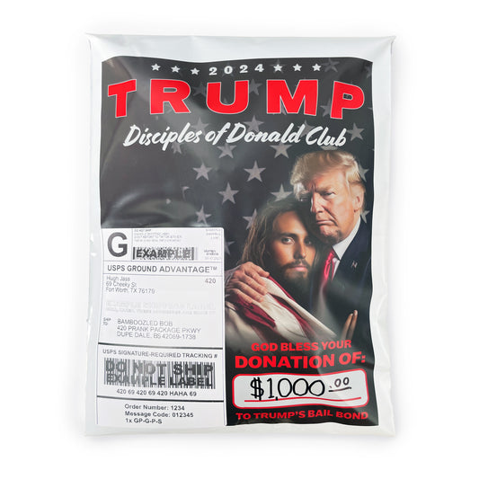 Trump anonymous prank mail gift. Front side features a picture of Trump hugging Jesus. Jesus is wearing an American flag as a sash. In the bottom right, there is a hand-written donation confirmation of $1000 to the Disciples of Donald Club.