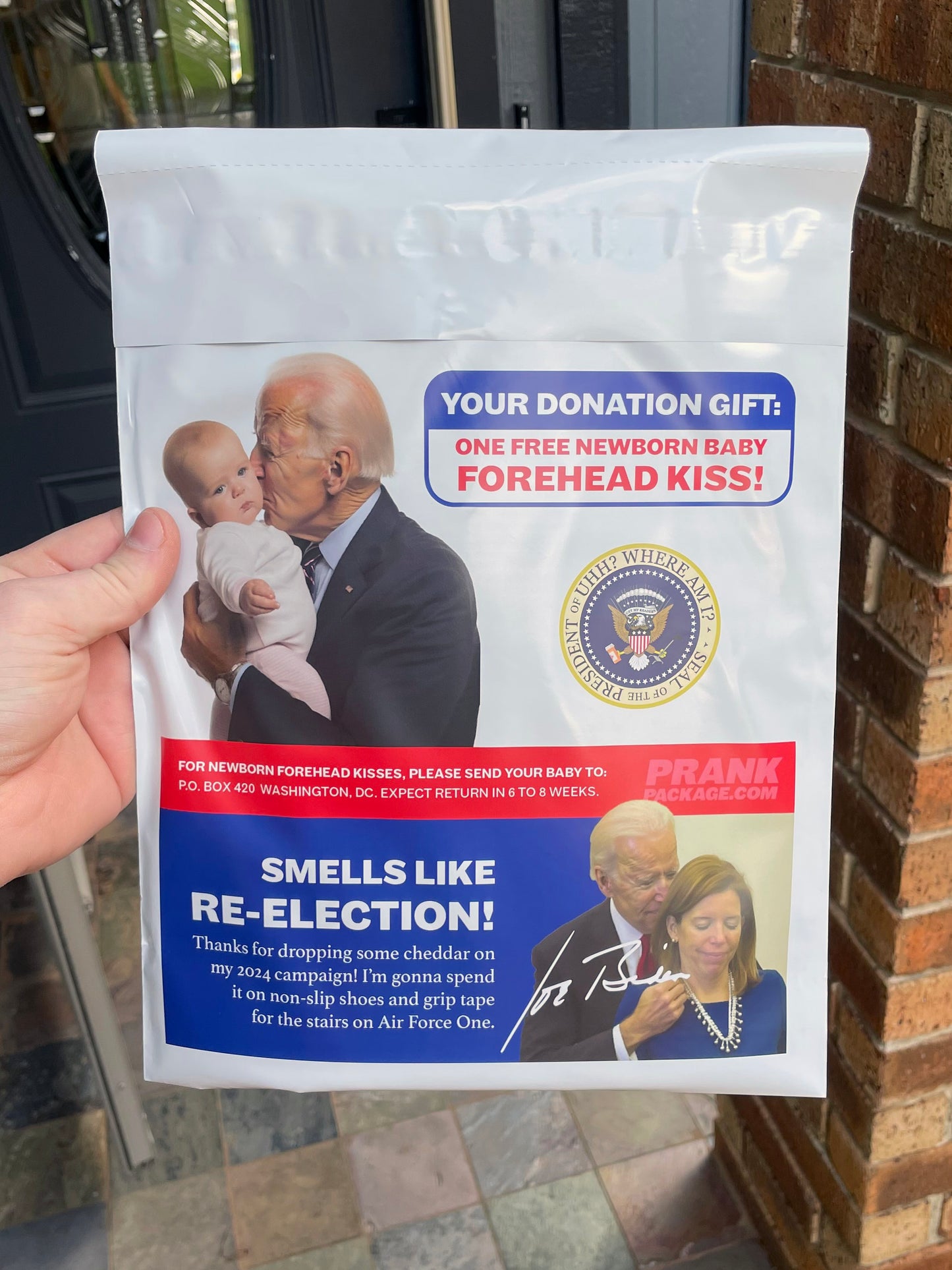 POV of someone reading the back of the "Joe Biden B-Anon Donation Confirmation" prank mailer. Featuring hysterical text that pokes fun at Joe Biden.