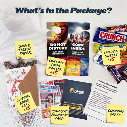 Items included in the Gay Cruise Prank Package shown on a white background: tissue paper, an optional glitter bomb greeting card, a personalized note, a 'You Got Pranked' card, optional candy, and an optional cruise cabin door hanger with condoms and lube attached. 