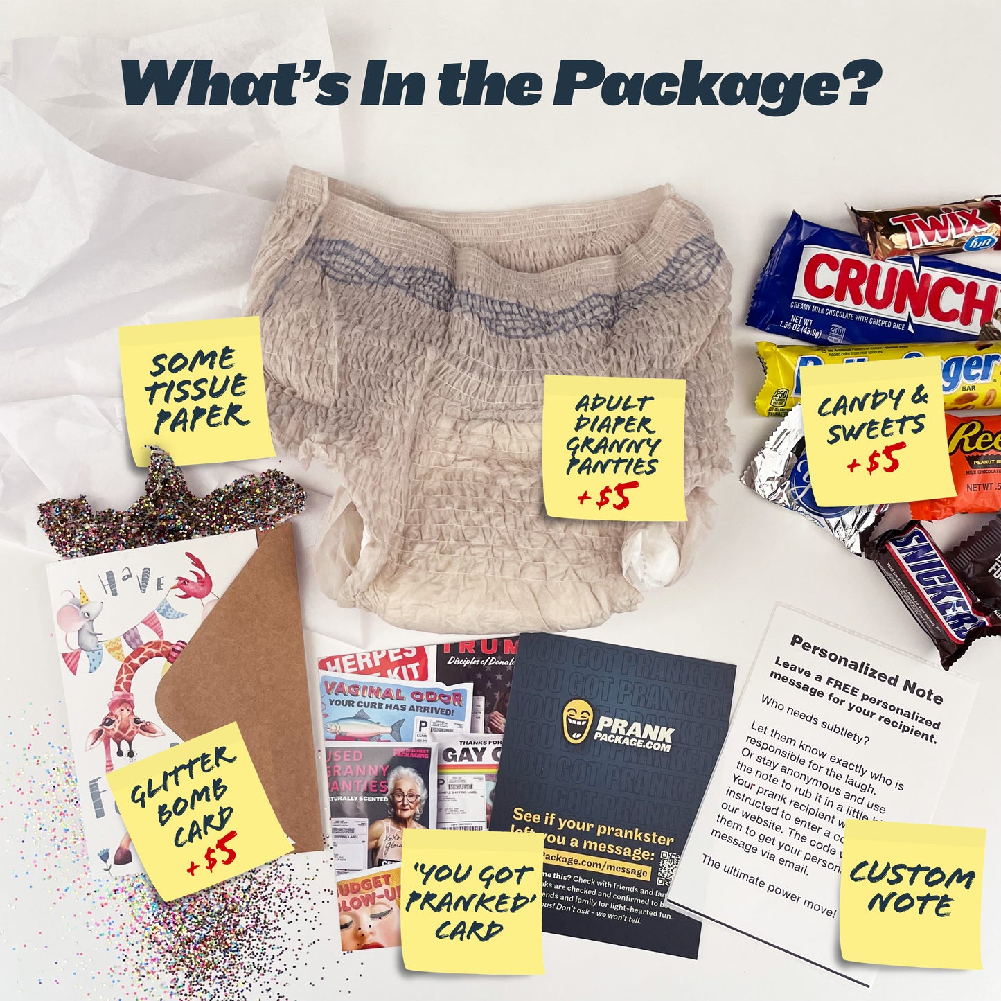 Items included in the Granny Panties Prank Package: tissue paper, an optional glitter bomb greeting card (+$5), a personalized note, an actual pair of granny panties (+$5), a 'You Got Pranked' card, and optional candy (+$5).