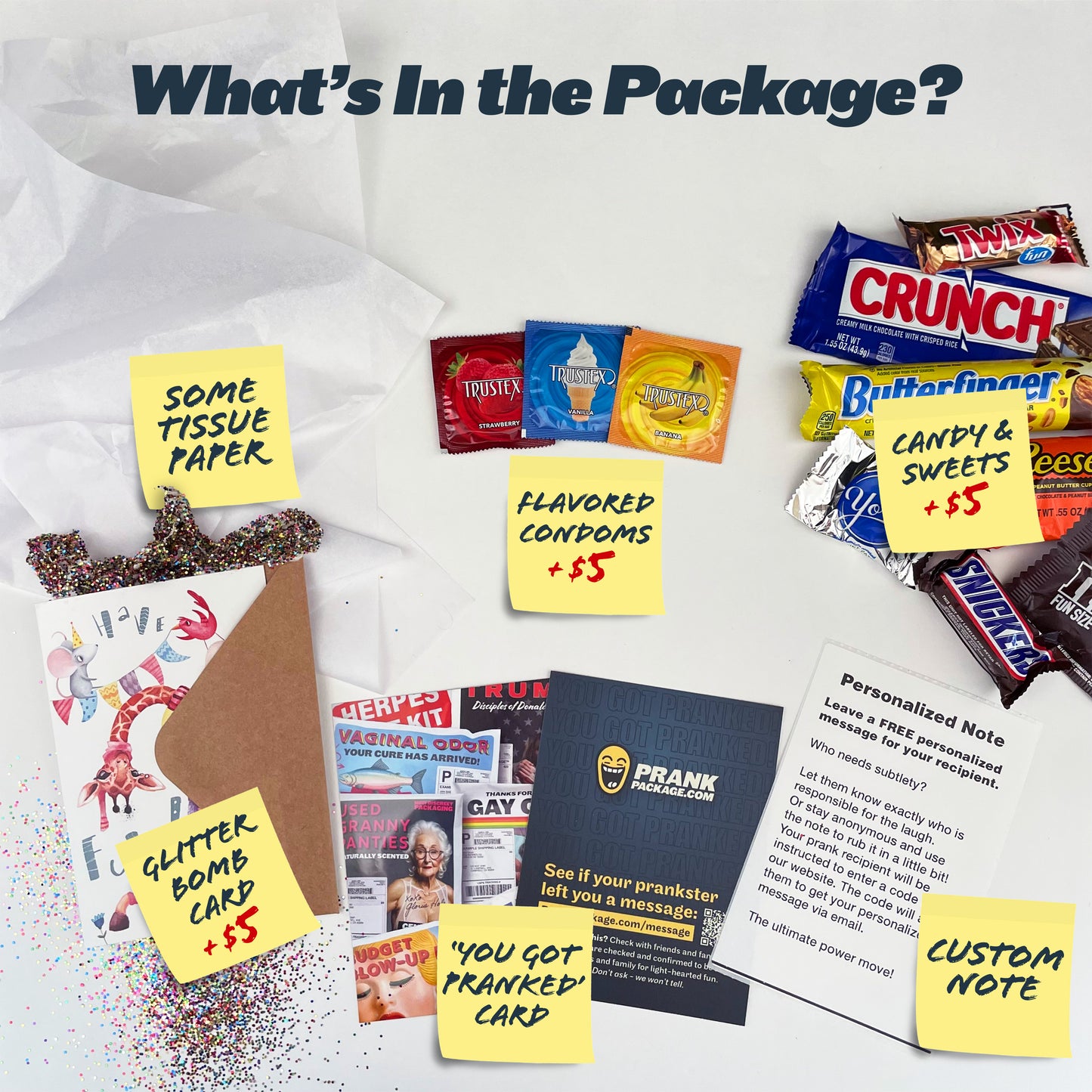 What's included in the prank package? Some tissue paper, an optional personalized note, a glitter bomb greeting card for $5 extra, a 'You Got Pranked' card, optional candy for $5 extra, and optional flavored condoms for $5 extra.