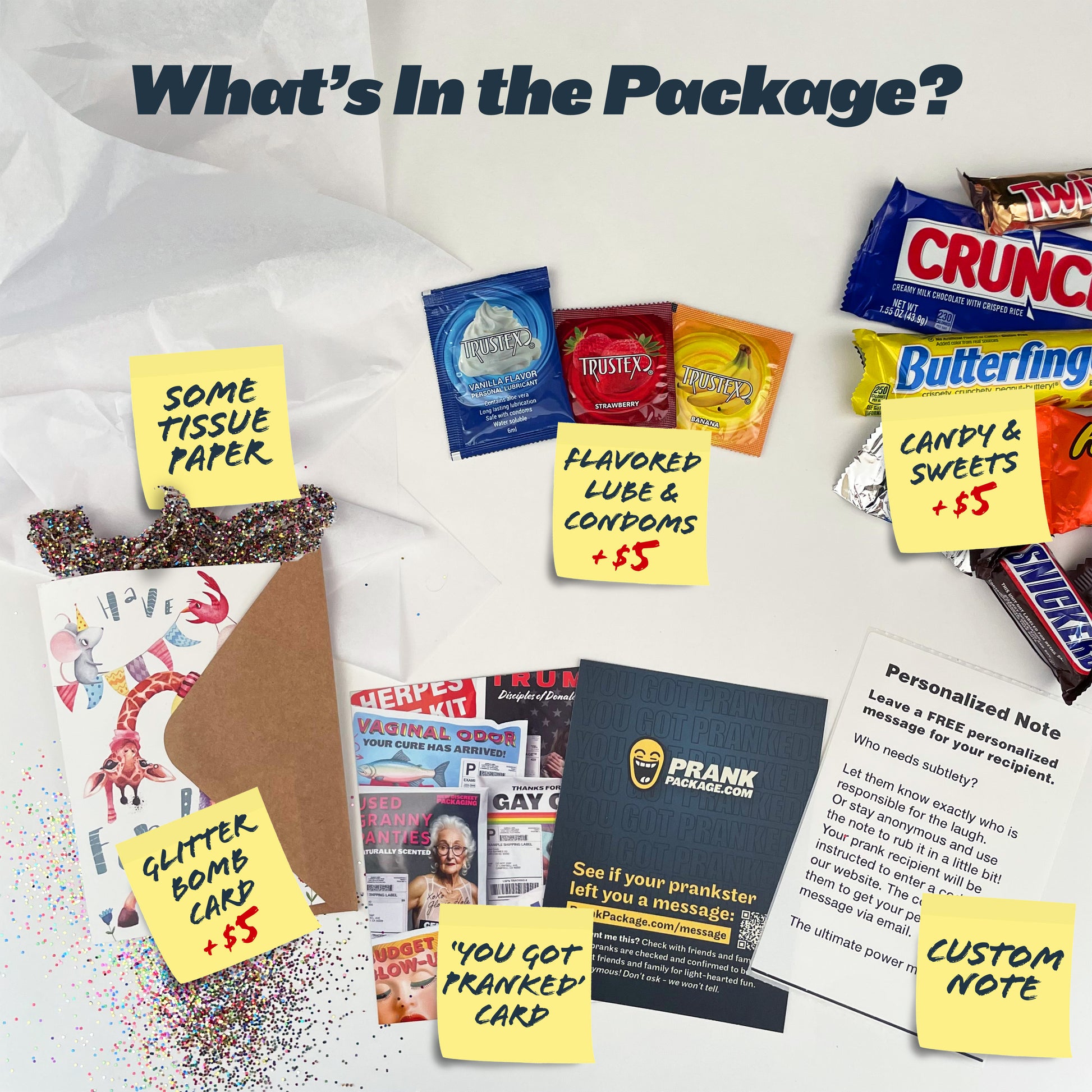 What's included in the prank package? Some tissue paper, an optional personalized note, a 'You Got Pranked' card, optional candy for $5 extra, and optional flavored condoms & lube for $5 extra.