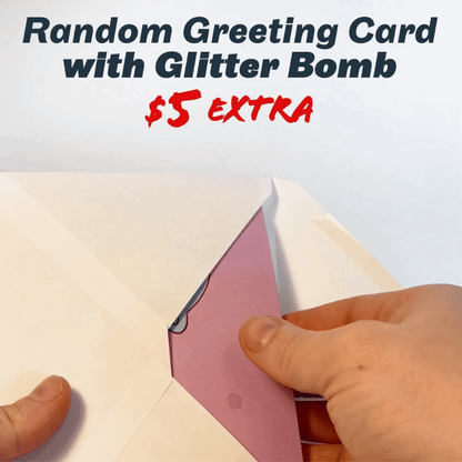 GIF of glitter spewing out of a glitter bomb greeting card. Add a glitter card to your prank package for $5 extra.