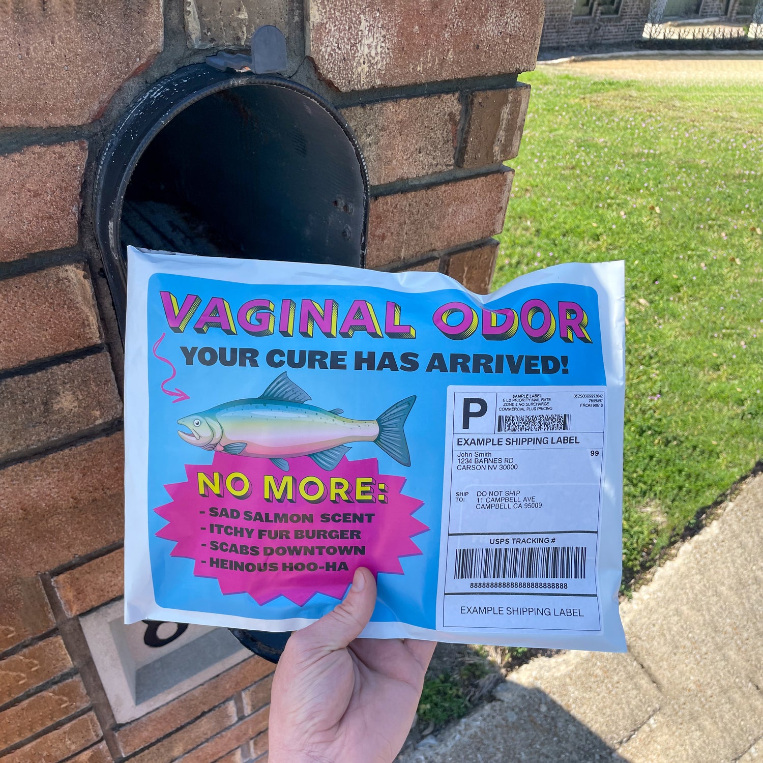 POV of a prank recipient opening their mailbox to find a vibrant blue and pink prank package with huge text that says, "VAGINAL ODOR - YOUR CURE HAS ARRIVED!"