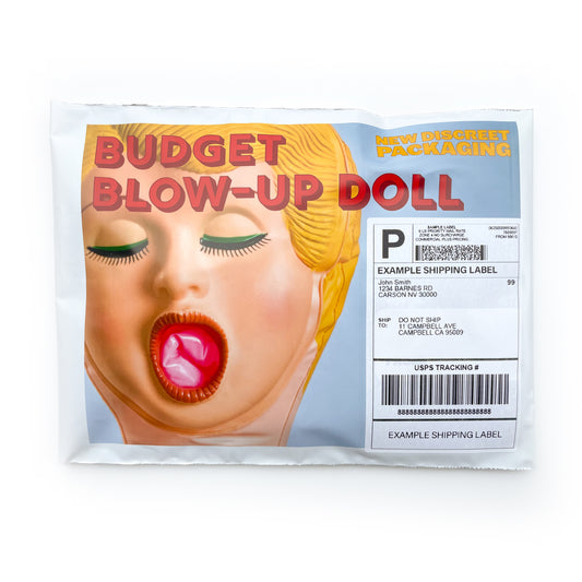 "Budget Blow-Up Doll" prank mail package with a picture of a blow-up doll's face on the front.
