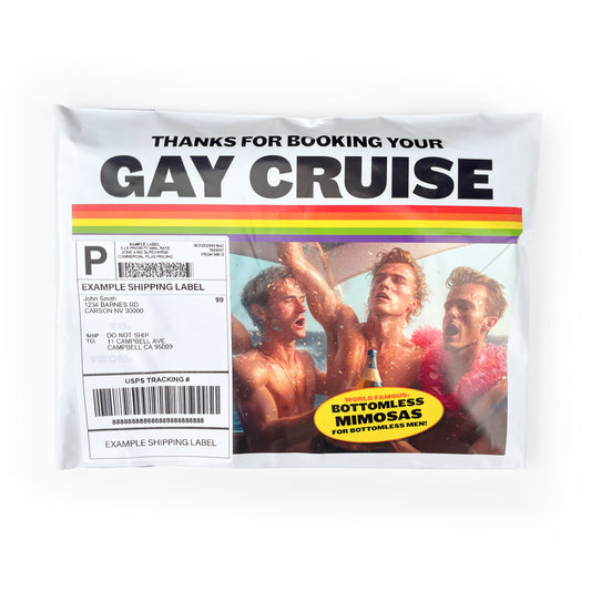"Thanks for Booking Your Gay Cruise" anonymous prank mail gift. Featuring gay men spraying champagne, a rainbow, and "bottomless mimosas for bottomless men" text.