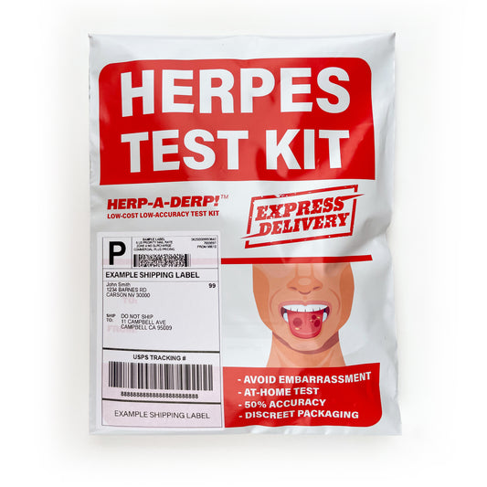 Embarrassing anonymous mail prank package: Herp-a-Derp low-cost low-accuracy Herpes Home Test Kit. Fake mail herpes test kit with 50% accuracy