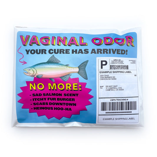 This embarrassing anonymous mail prank package has a huge title printed on it, "VAGINAL ODOR - Your cure has arrived!" with an image of a fish.