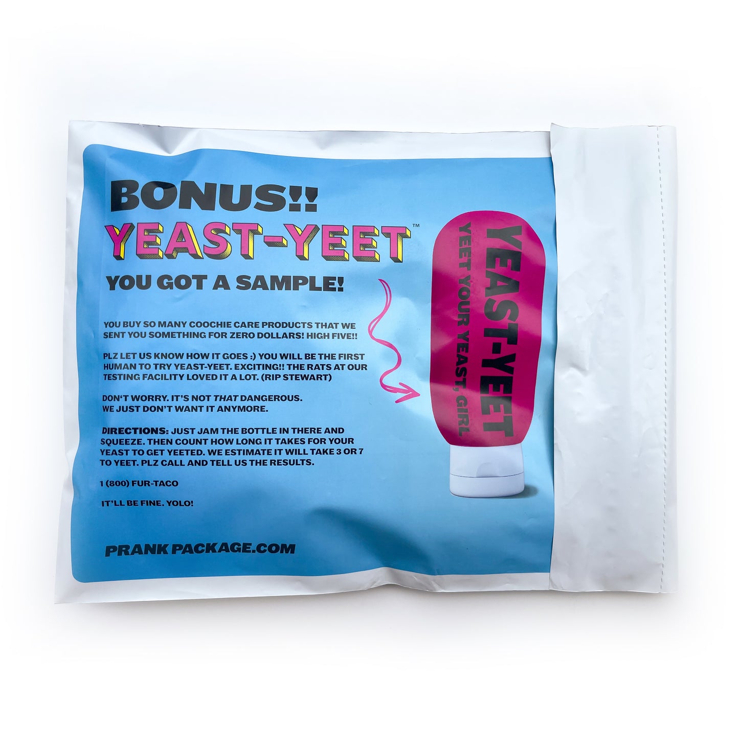 The backside of the 'Vaginal Odor' prank mailer from PrankPackage.com features a free sample of Yeast-Yeet, an embarrassing fake product that yeets a woman's yeast.