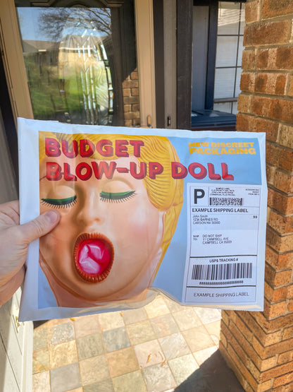 POV of a delivery man dropping off the Budget Blow-Up Doll embarrassing mail prank to someone's doorstep. The prank package features a large image of a blow-up doll's face.