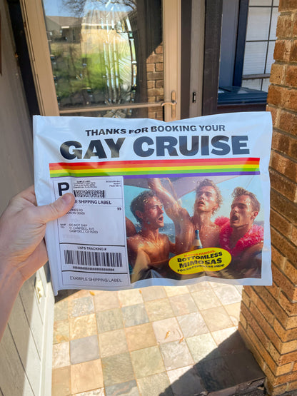 Point of view of a mail delivery worker reading the Gay Cruise prank mailer - moments before knocking on someone's door to deliver it with signature-required.
