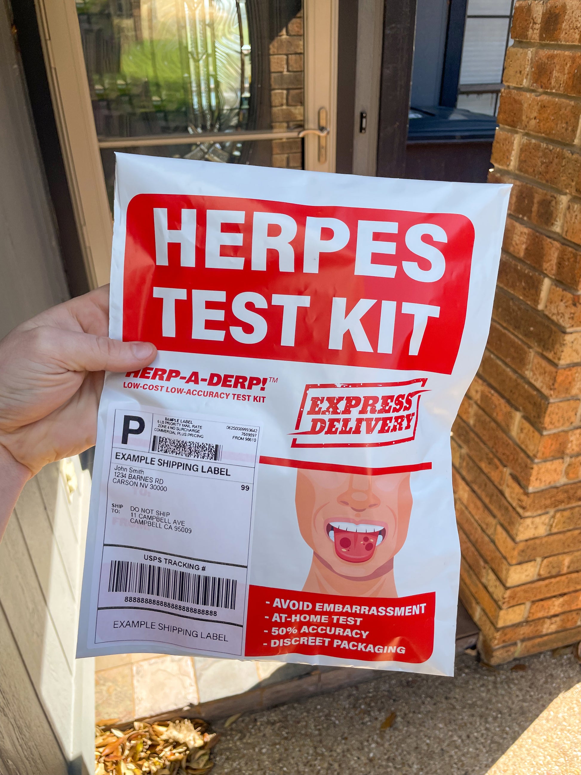The point of view of someone's unsuspecting prank target as they pick up the Herpes Test Kit mail prank from their porch.