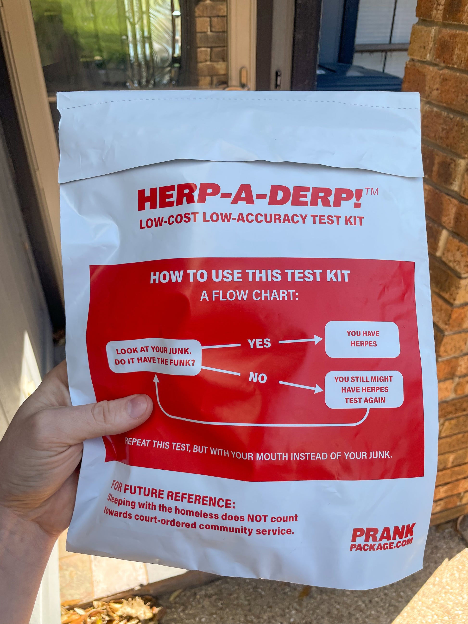 The point of view of someone reading the back of the Herp-A-Derp Herpes Test Kit prank package. "Low-cost Low-accuracy Test Kit" is printed in large red font across the back.