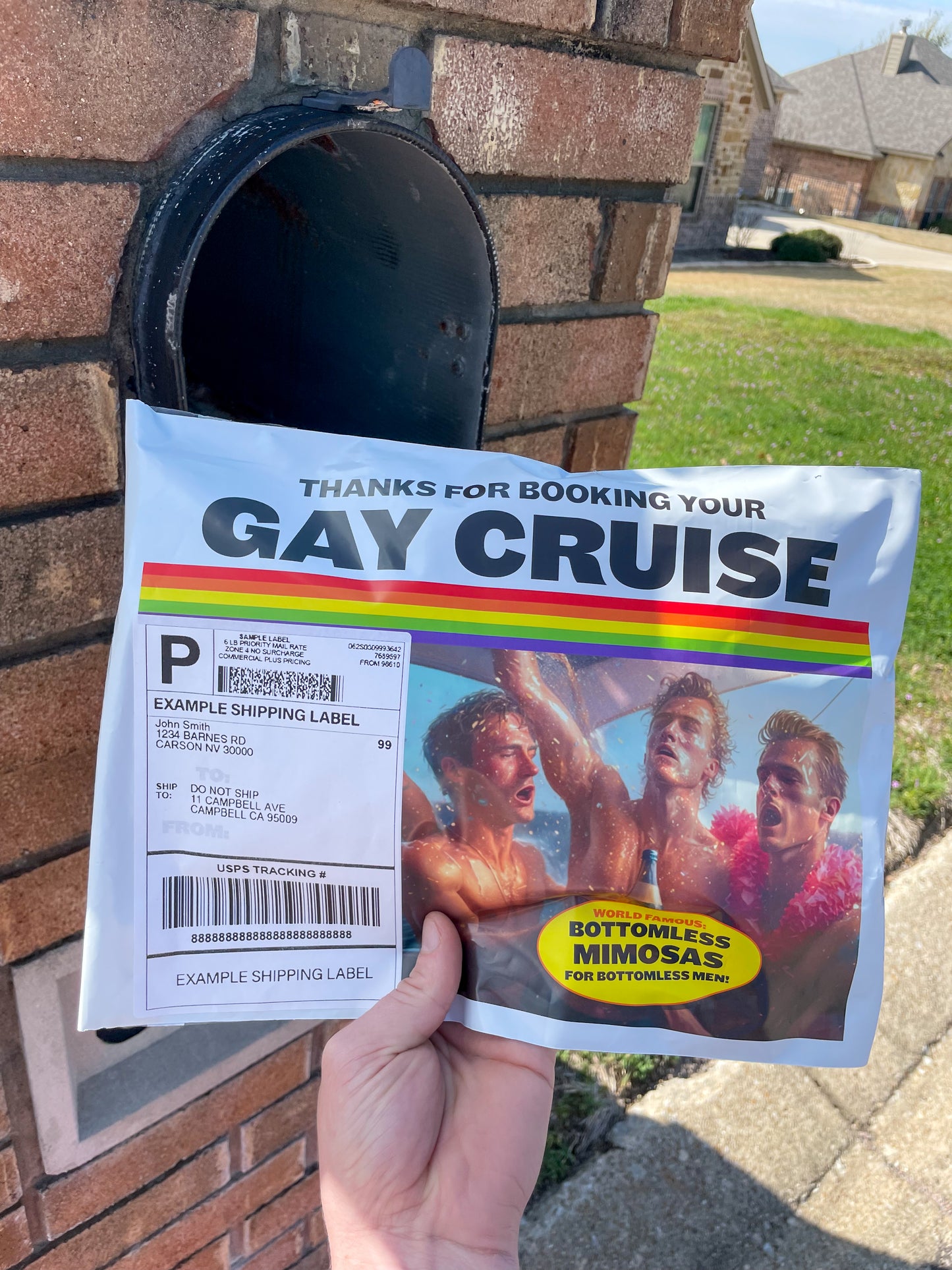 POV of mailman delivering the Gay Cruise mail prank anonymously to someone's mailbox.