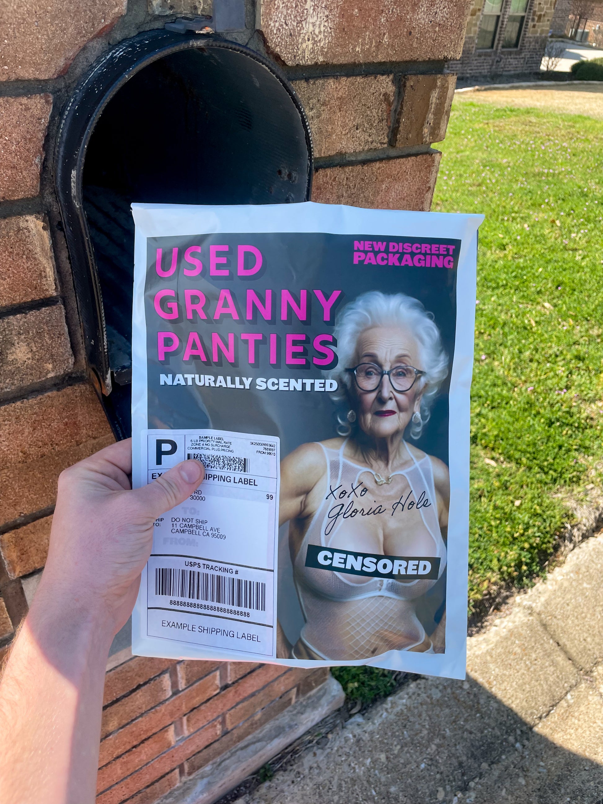 POV of someone's unsuspecting prank target discovering an anonymous prank package in their mailbox. It shows a sexy grandma in lingerie and says "USED GRANNY PANTIES".