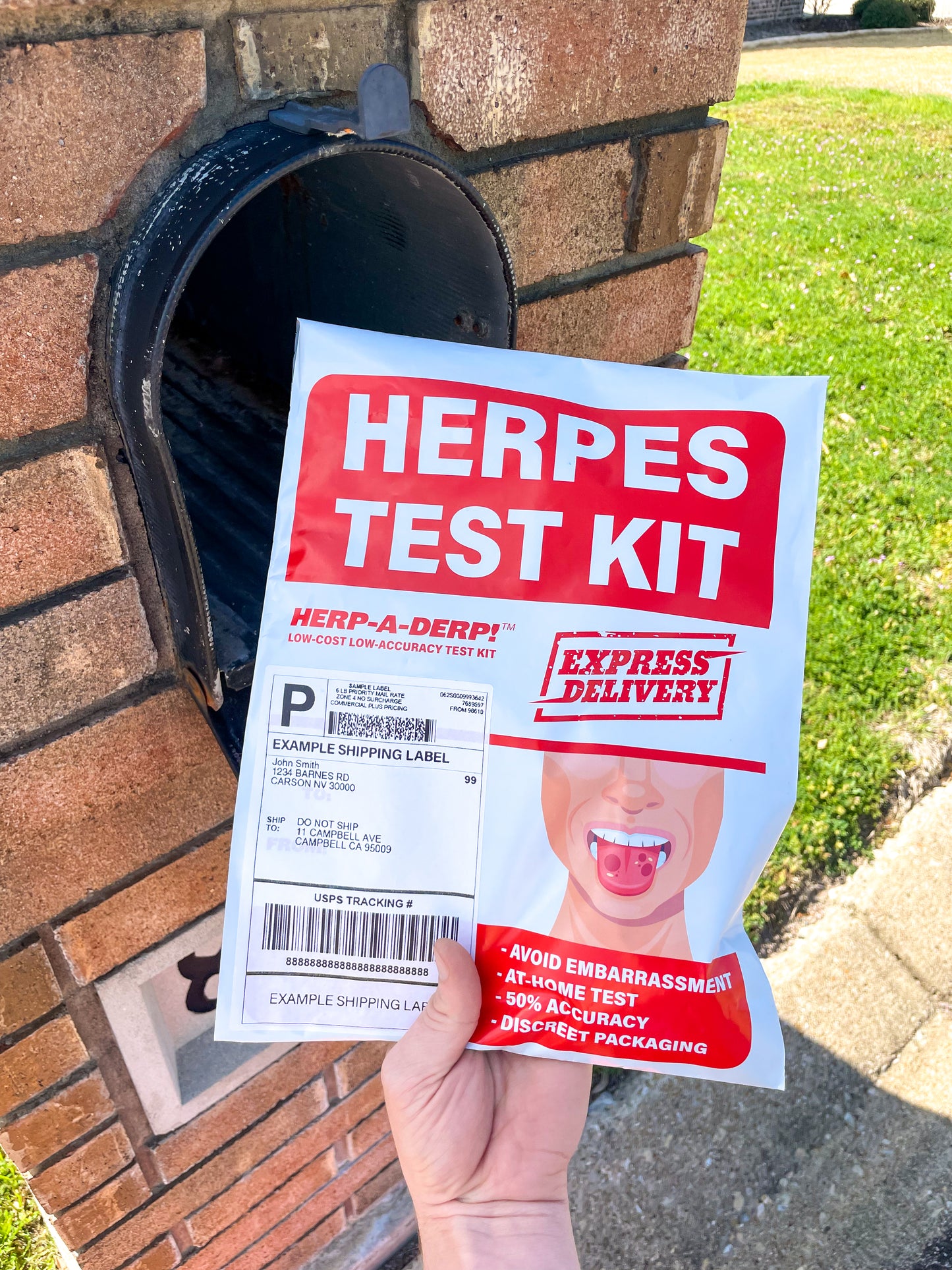 POV of someone being pranked! They open their mailbox to find an embarrassing "low-cost low- accuracy herpes test kit" package has been rush ordered to them.